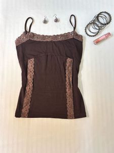Brown Lace Trim Cami Top
