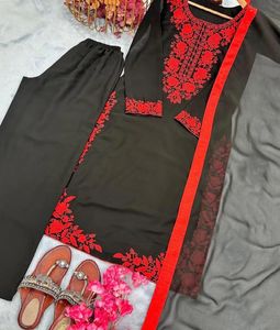 Black &amp; Red Embroidered Kurta Set