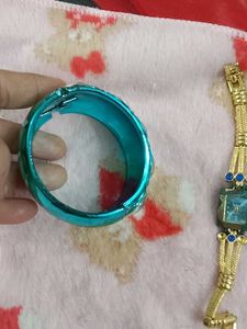 Vintage Teal Bangle &amp; Gold Watch Set
