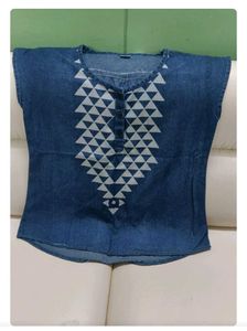 Denim Top with Geometric Print