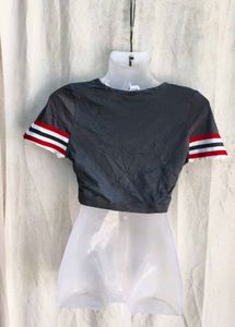 Grey Cropped V-Neck Top with Striped Sleeves
