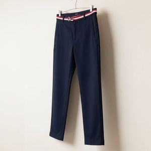 Navy Blue Tailored Pants with Striped Belt