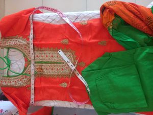 Orange Kurta Set with Green Pants &amp; Dupatta