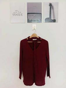 Chic Maroon Long Sleeve Tie Neck Top
