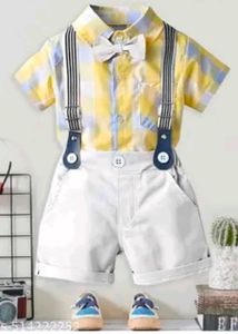 Cute Boys Yellow Plaid Shirt & White Shorts Set