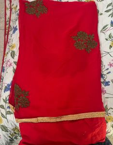 Elegant Red Designer Saree with Gold Embroidery