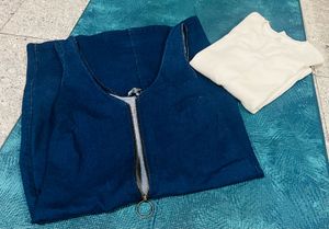 Denim Pinafore Dress with White Top