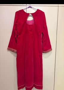 pure Vibrant Pink Velvet Kurta with Embellishments