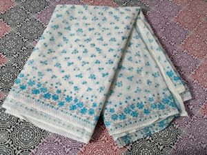 White Blue Floral Print Cotton Saaree🤍💙