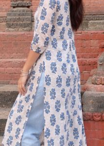 Blue Floral Print Cotton Kurta