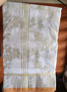 Elegant White & Gold Floral Dhaka Saree