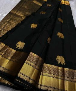 Elegant Black Saree with Gold Elephant Motif