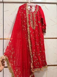 Elegant Red Embroidered Kurta Sharara with Dupatta