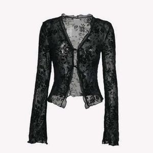 Sheer Black Floral Mesh Long Sleeve Top