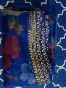 Elegant Floral &amp; Embellished Blue Saree
