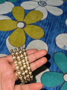Set of 3 Gold Tone &amp; Pearl Bangles