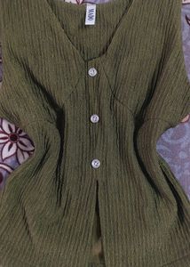 Y2K Olive Green Pleated V-Neck Top
