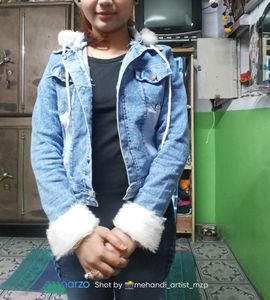 Hooded Denim Jacket with Fur Trim