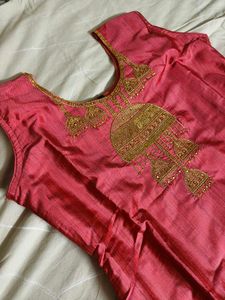 Elegant Coral Kurta with Gold Embroidery