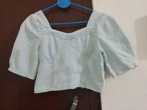 denimLight Blue Square Neck Puff Sleeve Top