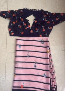 Satin  Pink Striped Saree with Floral Blous