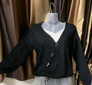 Black Long Sleeve V-Neck Top