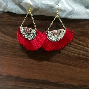 Red Fringe Beaded Earrings
