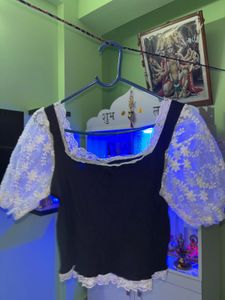 Black And White Velvet Lace Sleeve Top