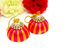 Gold And Pink Silk Thread Earring