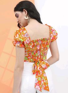Floral Smocked Crop Top with Tie Detail