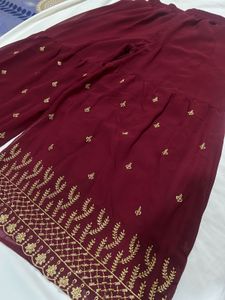 Elegant Maroon Embroidered Kurta sharara Set