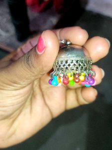 Boho Silver Jhumka Earrings with Colorful Beads