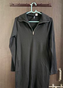 Ribbed Knit Zip Neck Mini Dress