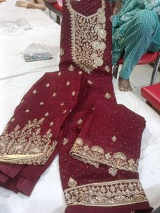 Maroon Embroidered suit pant Set