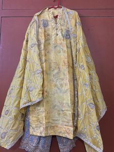 festive silk kurta set in mustard and grey