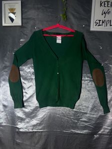 Zara Green V-Neck Cardigan with Elbow Patches