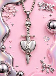 ⚔️ Y2K SWORD THROUGH HEART SILVER PENDANT NECKLACE