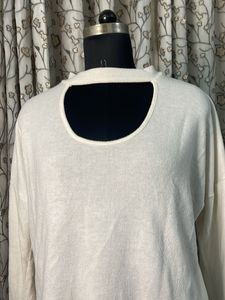 Cream Cut-Out Neck Long Sleeve Top