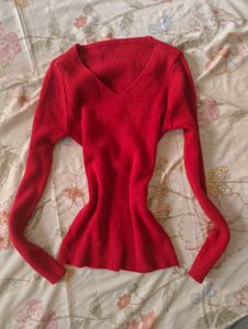 Red V-Neck Ribbed Knit Long Sleeve Top