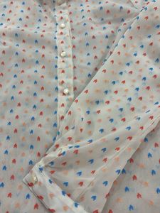 Sheer Heart Print Ruffle Neck Blouse