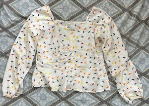 White Peplum Top with Umbrella Print