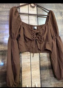 Brown Tie-Front Puff Sleeve Top