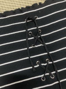 Striped Off-Shoulder Lace-Up Top