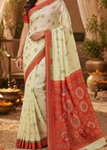 Cream & Red Floral Print Saree