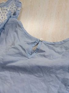 Blue Embroidered Ruffle Sleeve Top