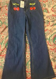 Cute Cherry Embroidered Flared Jeans