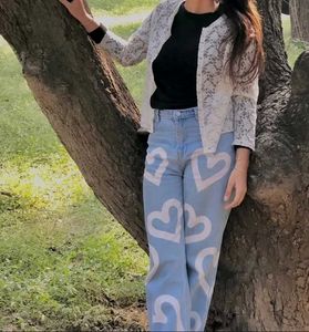 Cute Heart Print Light Wash Jeans