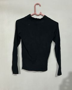 Black Ribbed High Neck Zip Top / Full Sleeve
