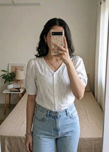 Chic White Embroidered Puff Sleeve Top