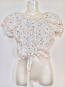 Cute Floral Tie-Front Puff Sleeve Top
